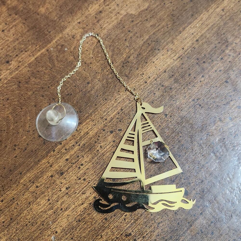 Gold Tone Sailboat Suncatcher Clear Prism Nautical Window Hanging Suction Cup